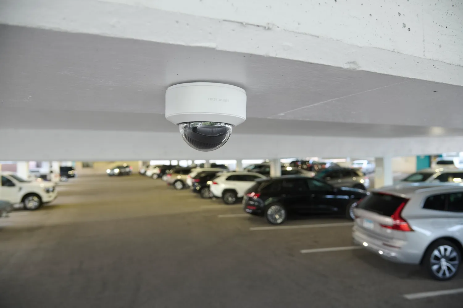 Commercial dome security camera in parking garage