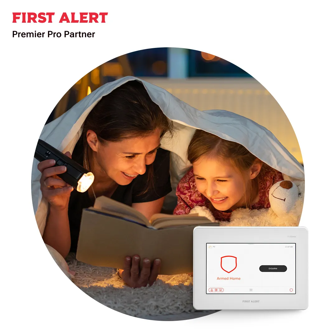 Family using alarm system panel for home security in Ottawa