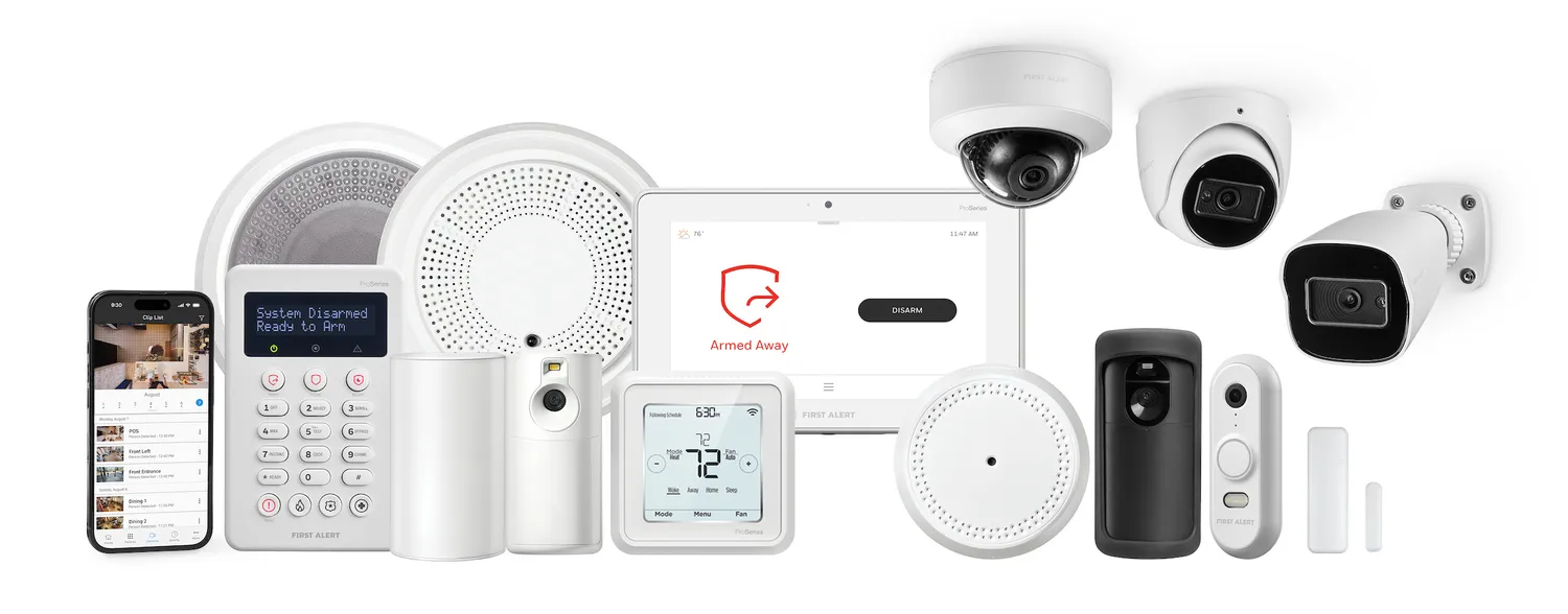 Professional alarm system with touchscreen panel and sensors